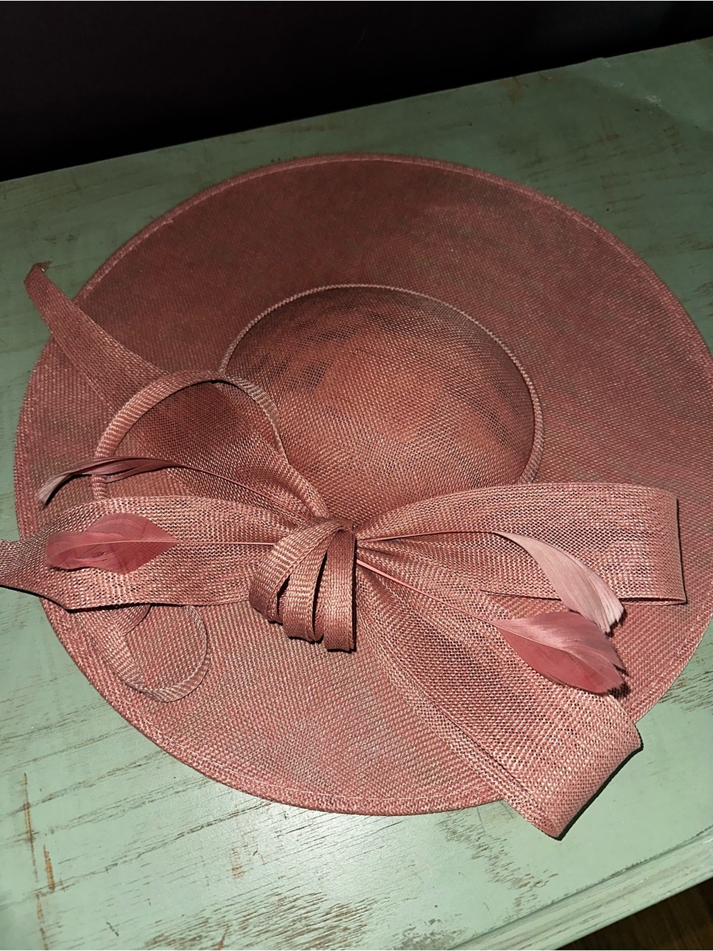 Elegant Dusty Rose Fascinator with Bow and Feather Detail